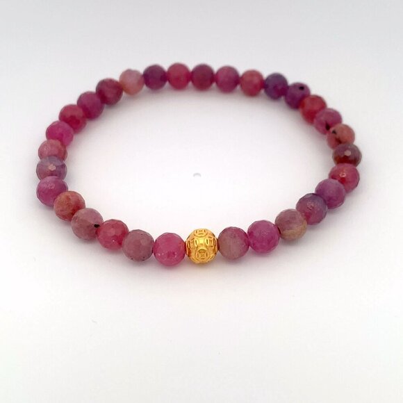 24K Gold Coin Ball  Lucky Charm Bracelet Gemstones Natural Ruby 5mm S6.25" - Picture 1 of 9